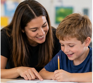 Representative teacher working closely with an elementary student