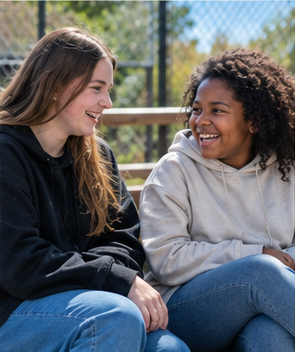 Representative students connecting with one another outdoors