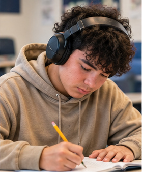 Representative student working independently with headphones